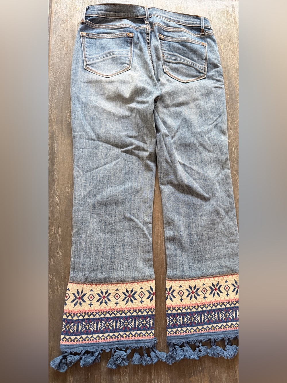 DRIFTWOOD Blue Denim Wide-Leg Jeans with Embroidered Hem and tassels - Picture 8 of 8